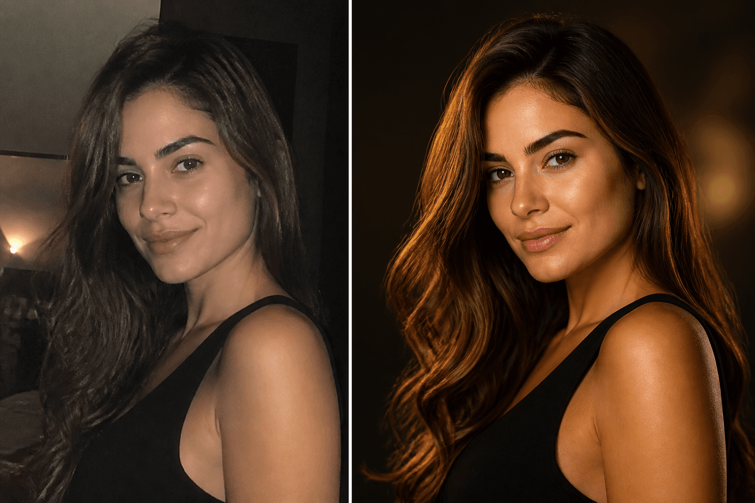 Comparação antes e depois de uma foto melhorada por IA